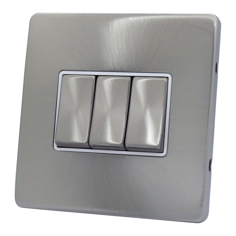 3 Gang 2 Way 10 Amp Light Switch Satin Chrome Screwless