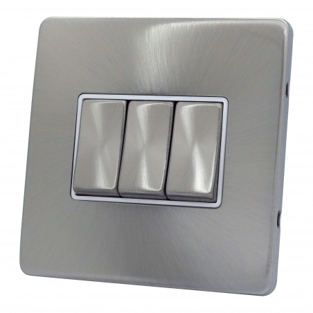 3 Gang 2 Way 10 Amp Light Switch Satin Chrome Screwless