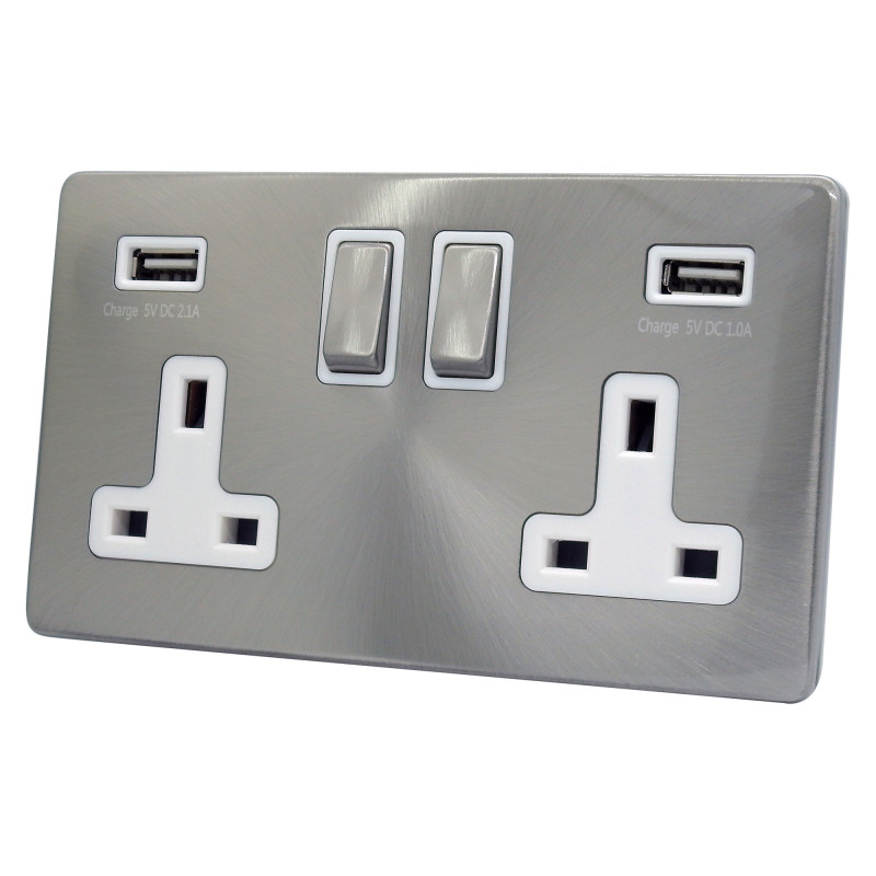 USB 2 Gang 13 Amp DP Plug Socket Satin Chrome Screwless