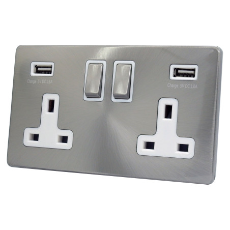 USB 2 Gang 13 Amp DP Plug Socket Satin Chrome Screwless