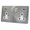 USB 2 Gang 13 Amp DP Plug Socket Satin Chrome Screwless