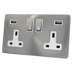 USB 2 Gang 13 Amp DP Plug Socket Satin Chrome Screwless