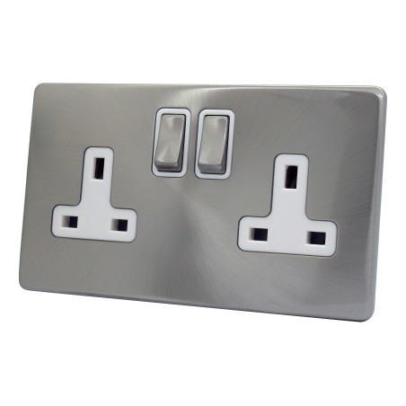 2 Gang 13 Amp DP Plug Socket Satin Chrome Screwless