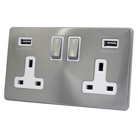 USB 2 Gang 13 Amp DP Plug Socket Satin Chrome Screwless