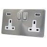 USB 2 Gang 13 Amp DP Plug Socket Satin Chrome Screwless