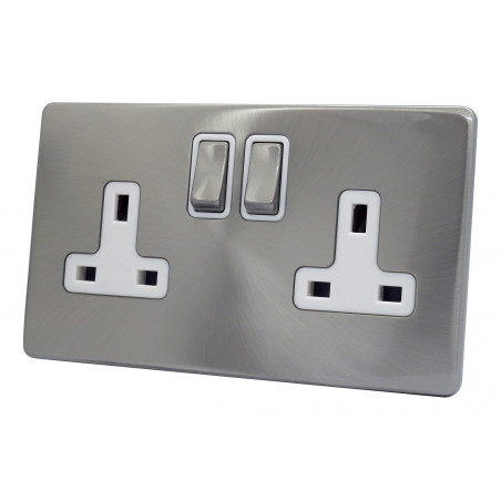 2 Gang 13 Amp DP Plug Socket Satin Chrome Screwless