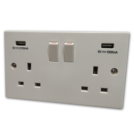 2 Gang 13 Amp DP Plug Socket USB White Plastic