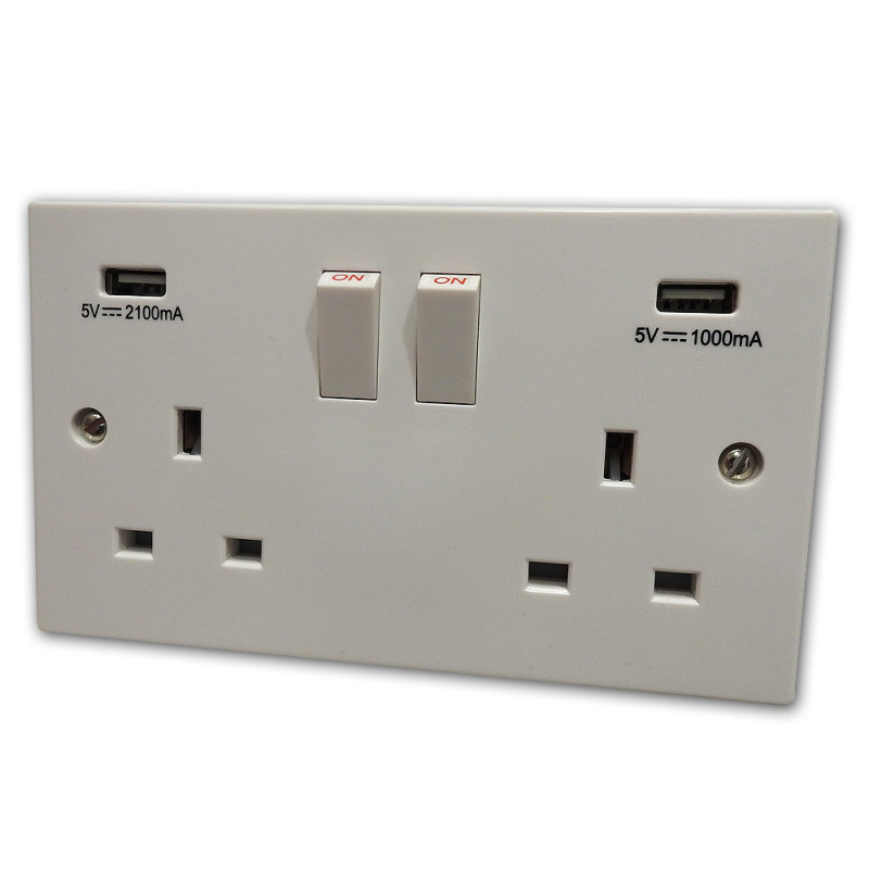 2 Gang 13 Amp DP Plug Socket USB White Plastic