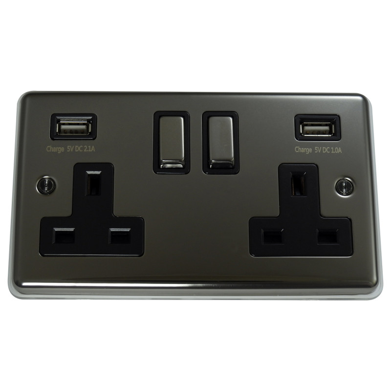 USB 2 Gang 13 Amp DP Plug Socket Black Nickel