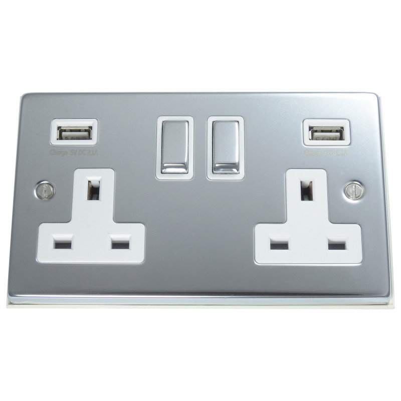 USB 2 Gang 13 Amp DP Plug Socket Polished Chrome
