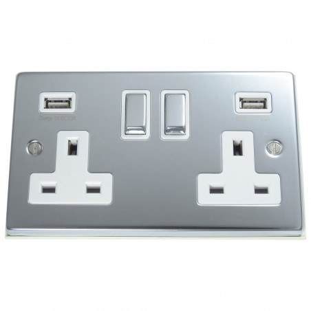USB 2 Gang 13 Amp DP Plug Socket Polished Chrome