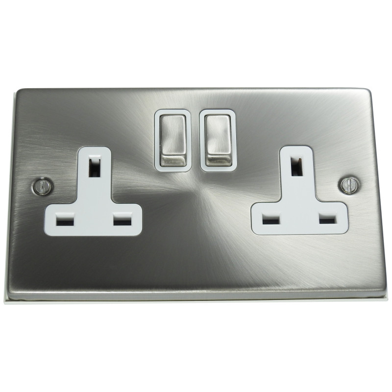 2 Gang 13 Amp DP Plug Socket Satin Chrome