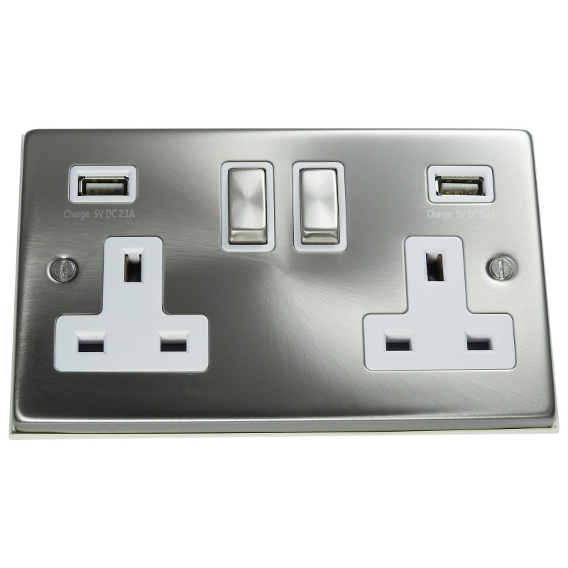 USB 2 Gang 13 Amp DP Plug Socket Satin Chrome