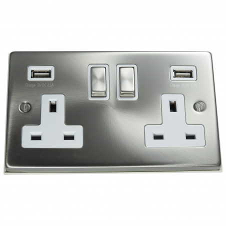 USB 2 Gang 13 Amp DP Plug Socket Satin Chrome