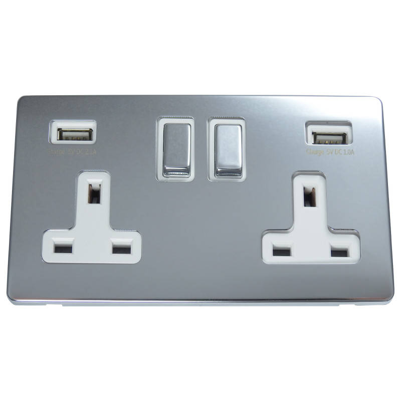 USB 2 Gang 13 Amp DP Plug Socket Polished Chrome Screwless