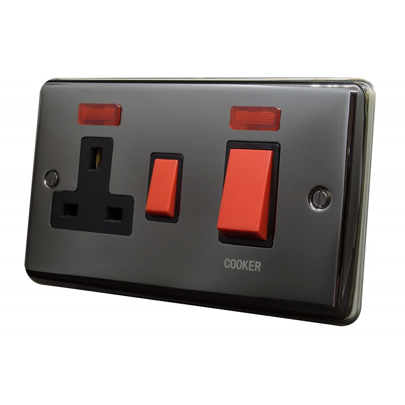45A Cooker Switch Socket Black Nickel with Neon