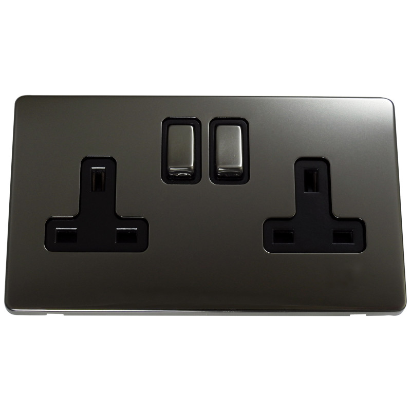2 Gang DP 13 Amp Screwless Plug Socket Black Nickel