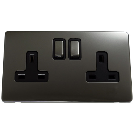 2 Gang DP 13 Amp Screwless Plug Socket Black Nickel
