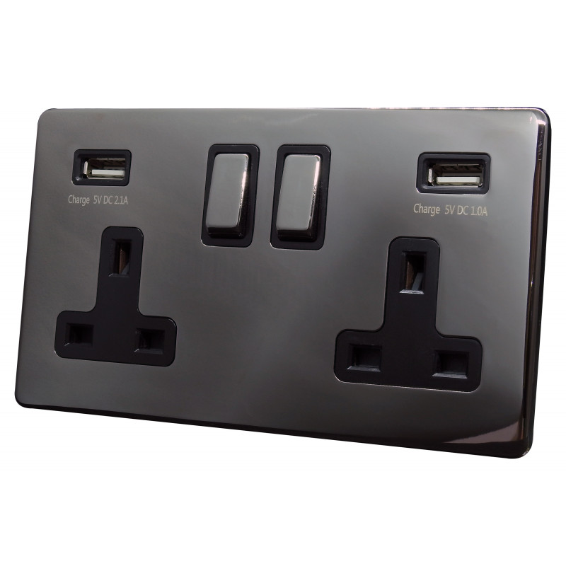 USB 2 Gang 13 Amp DP Plug Socket Black Nickel Screwless