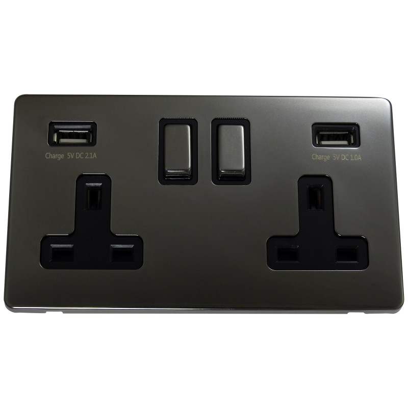 USB 2 Gang 13 Amp DP Plug Socket Black Nickel Screwless