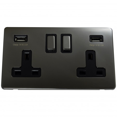 USB 2 Gang 13 Amp DP Plug Socket Black Nickel Screwless