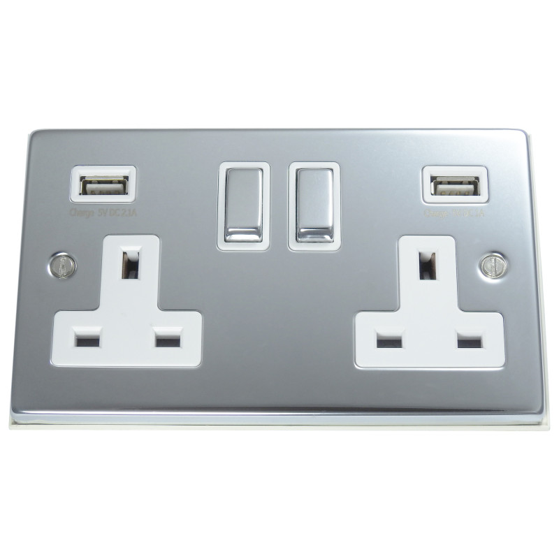 USB 2 Gang 13 Amp DP Plug Socket Polished Chrome