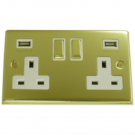 USB 2 Gang 13 Amp DP Plug Socket Polished Brass