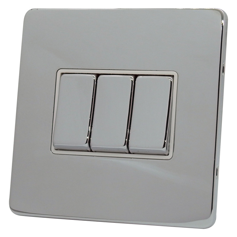 3 Gang 2 Way 10 Amp Light Switch Polished Chrome Screwless