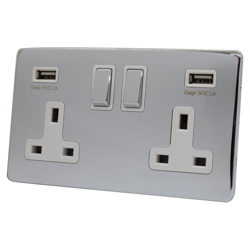 USB 2 Gang 13 Amp DP Plug Socket Polished Chrome Screwless