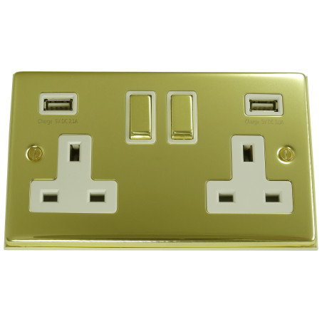 USB 2 Gang 13 Amp DP Plug Socket Polished Brass