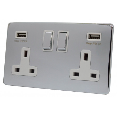 USB 2 Gang 13 Amp DP Plug Socket Polished Chrome Screwless