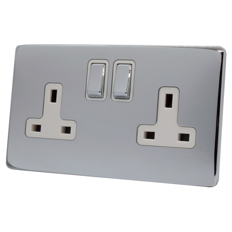 2 Gang 13 Amp DP Plug Socket Polished Chrome Screwless