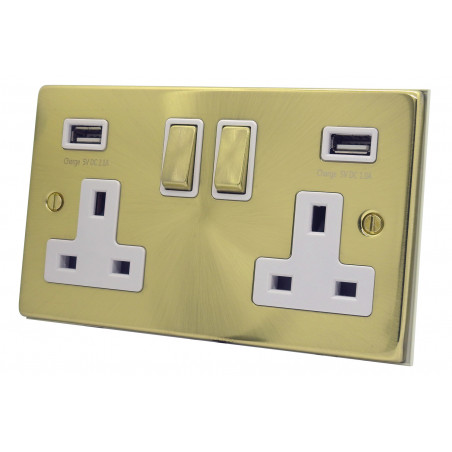 USB 2 Gang 13 Amp DP Plug Socket Satin Brass