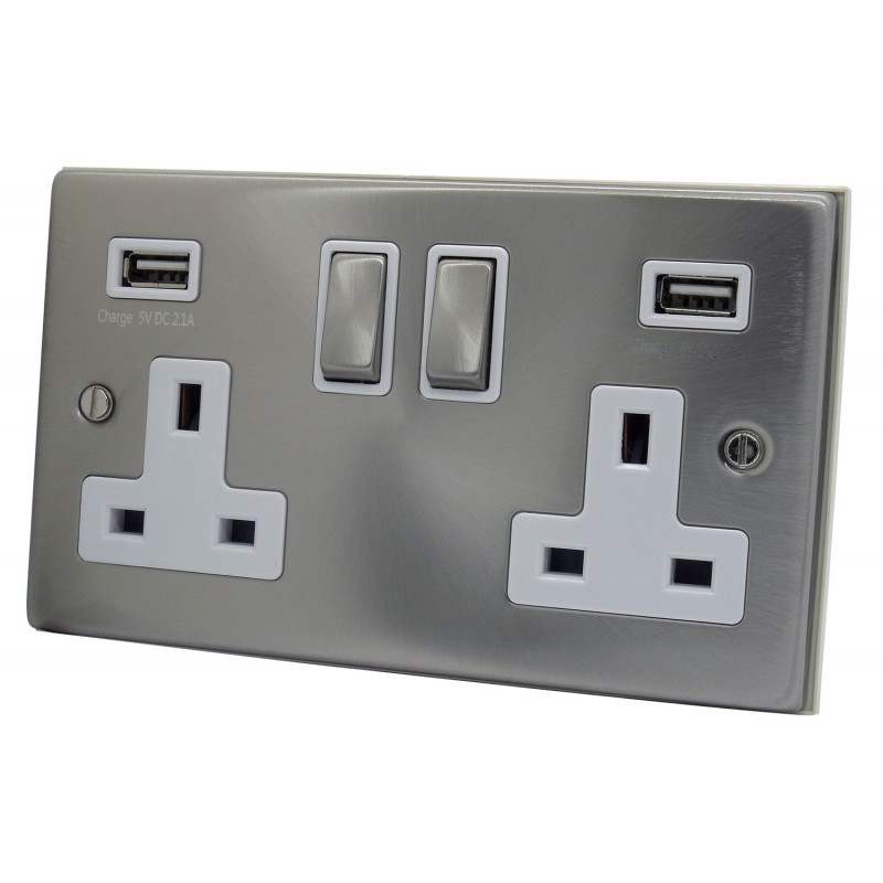 USB 2 Gang 13 Amp DP Plug Socket Satin Chrome