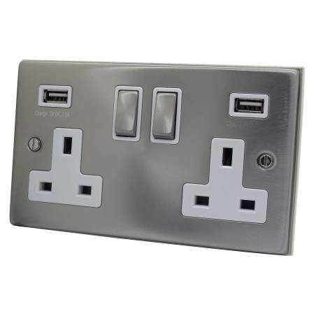 USB 2 Gang 13 Amp DP Plug Socket Satin Chrome