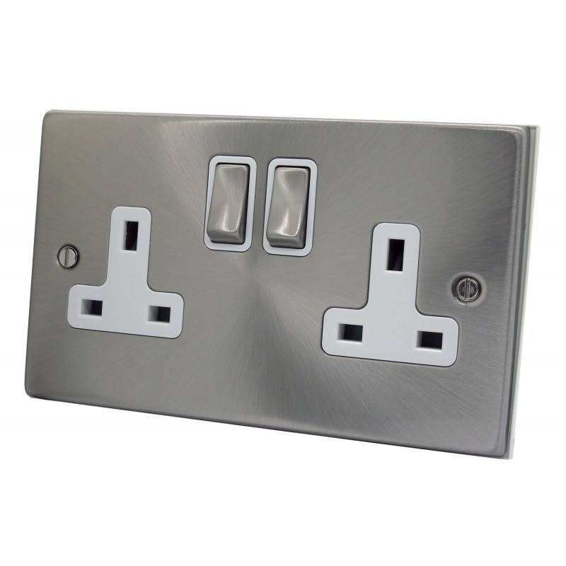2 Gang 13 Amp DP Plug Socket Satin Chrome